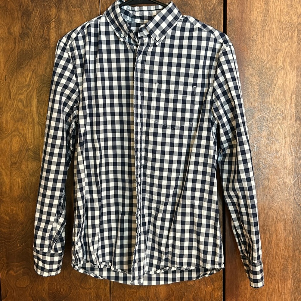Like new! J Crew Factory boys button-up navy and white gingham shirt, 14